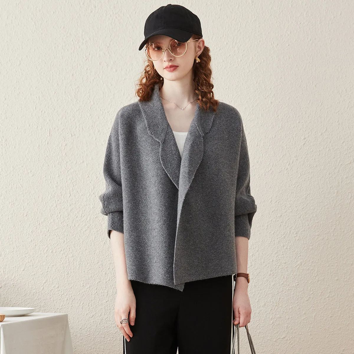100% Wool Cardigan Womens Loose Knit Blazer Coat