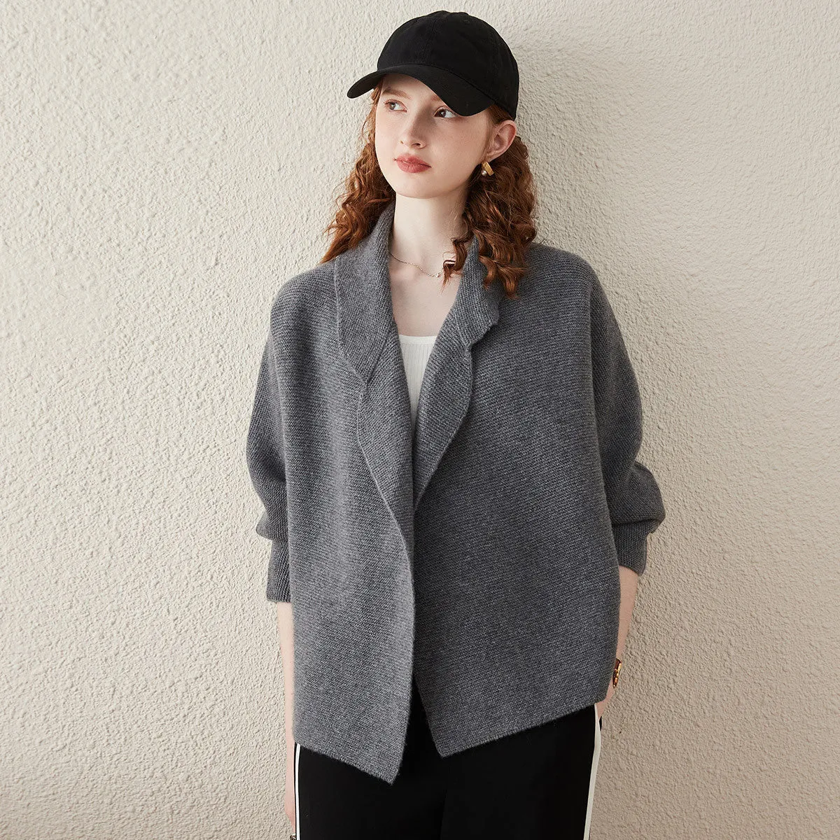 100% Wool Cardigan Womens Loose Knit Blazer Coat