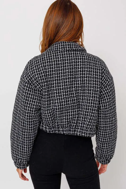 Black & White Tweed Crop Puffer Jacket