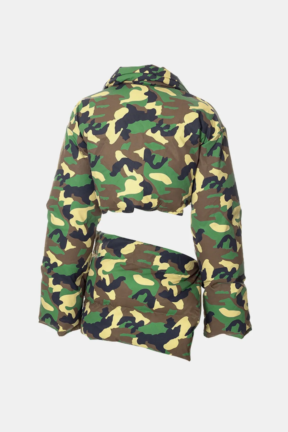 Camouflage Zip-Up Cropped Puffer Jacket and Skirt Set