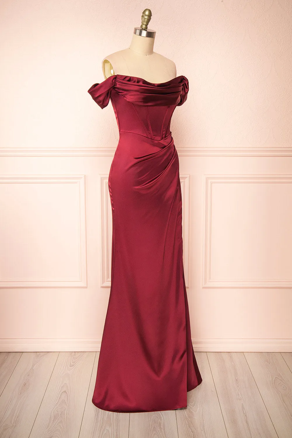 Evolet Burgundy | Off-Shoulder Corset Maxi Dress