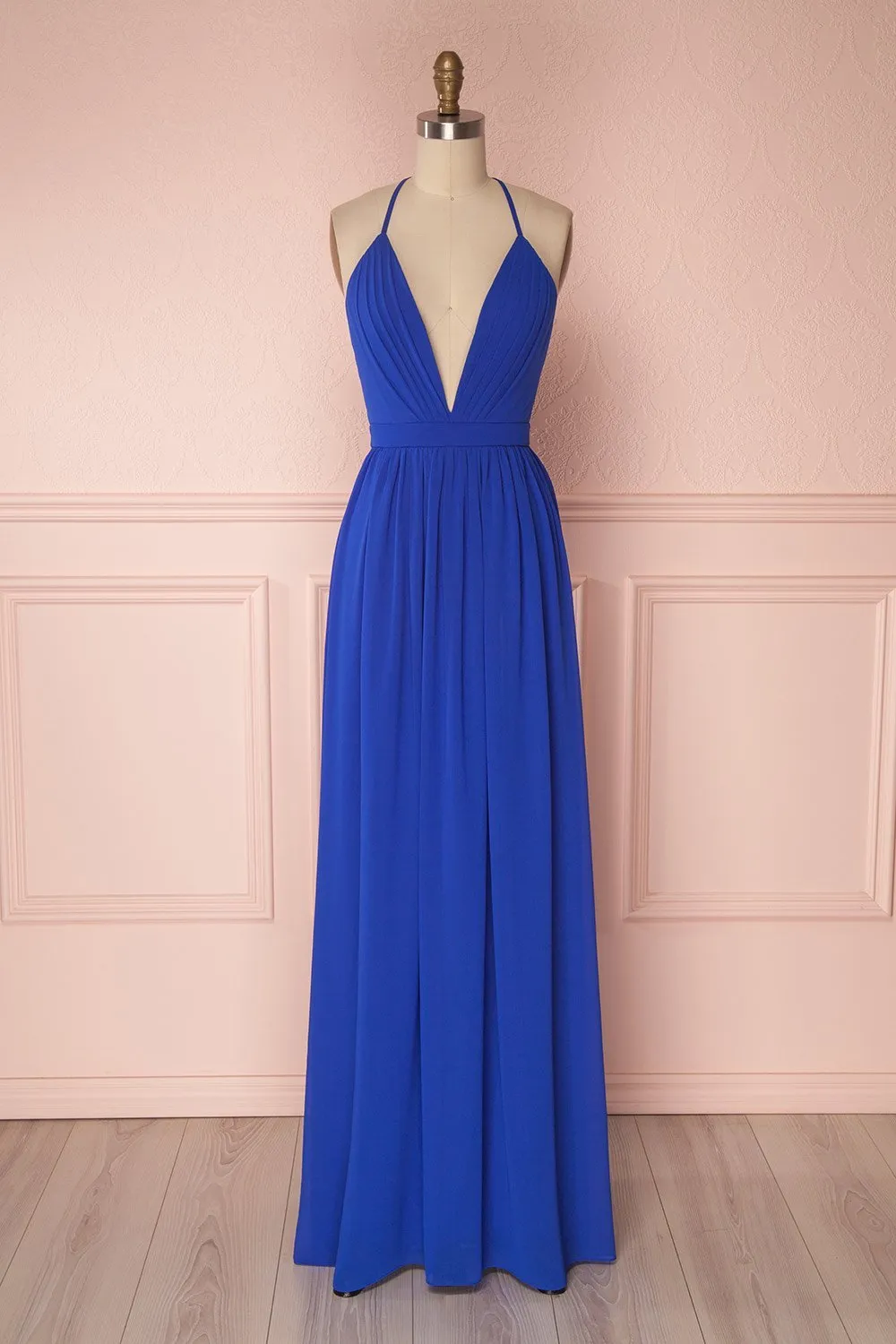 Haley Blue | Deep V-Neck Chiffon Maxi Dress
