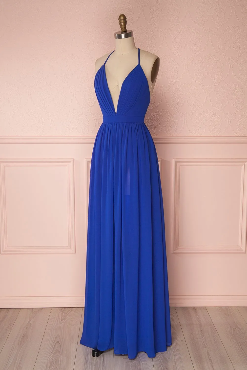 Haley Blue | Deep V-Neck Chiffon Maxi Dress