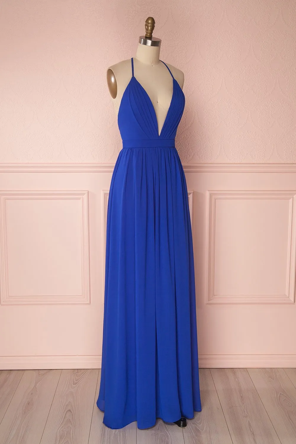 Haley Blue | Deep V-Neck Chiffon Maxi Dress