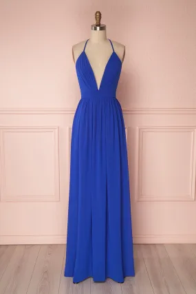 Haley Blue | Deep V-Neck Chiffon Maxi Dress