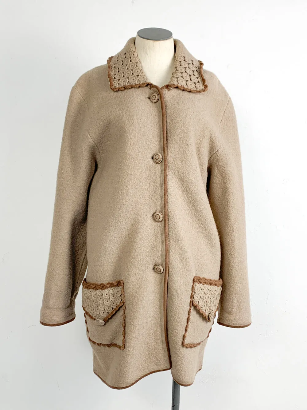 Stone Wool Sweater Coat with Crochet Trim Accent