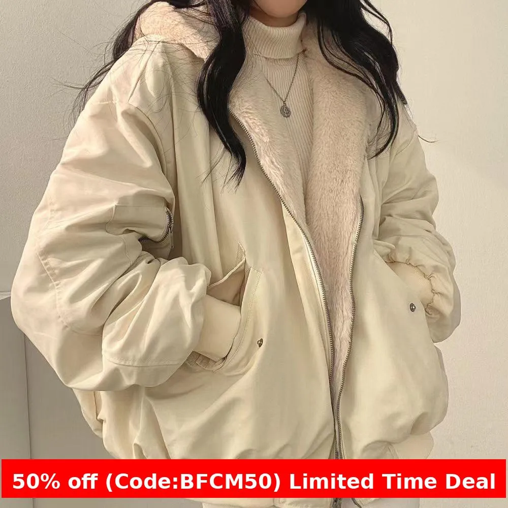 Wenkouban winter outfits men Christmas outfits winter outfits  Black Friday Fleece-lined Thickened Double-Sided Lamb Wool Cotton-Padded Coat Women's Coat Autumn and Winter Zipper Hooded Cotton-Padded Coat Top