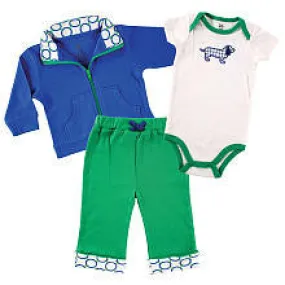 Yoga Sprout Boys 3 Piece Blue/Green Playwear Set with Zip Up Cardigan, Short Sleeve Bodysuit, and Cuffed Pants