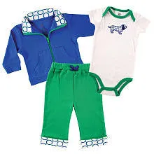Yoga Sprout Boys 3 Piece Blue/Green Playwear Set with Zip Up Cardigan, Short Sleeve Bodysuit, and Cuffed Pants